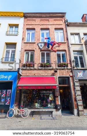 ANTWERP, BELGIUM - SEPTEMBER 03, 2015: Spiderman sculpture at a comic shop in Antwerp. Antwerp is the capital of Antwerp province and with a population of 510,610 the most populous city in Belgium