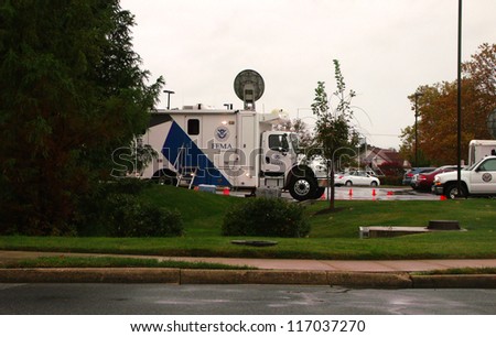 DOVER, DE - OCTOBER 27: FEMA trucks and satellite equipment at a hotel ready for action after Hurricane Sandy on Sunday, October 27, 2012 in Dover, DE.