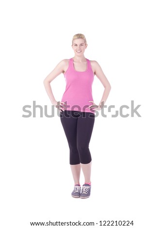 Portrait of attractive sporty lady against white background