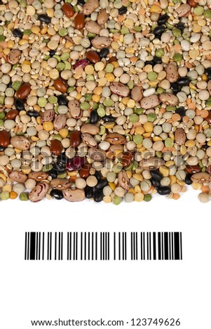 Assorted food grains on a white background with bar code