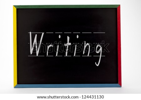 Writing written on slate board and displayed on white background.