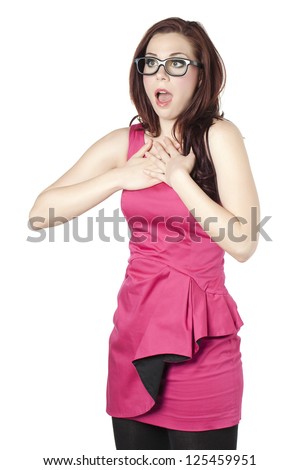Surprised Woman On White Background Holding Her Hand On Her Chest Stock ...