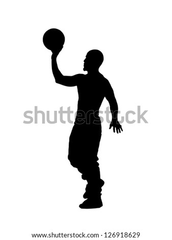 Silhouette image of a guy throwing volley ball against white background