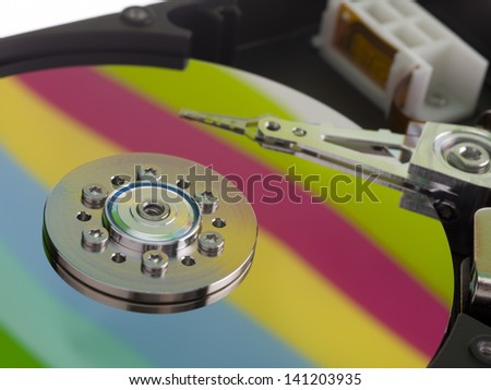 A rainbow pattern reflected by the surface of a hard drive