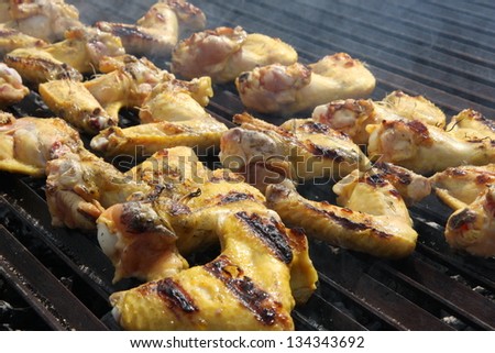 fins and grilled chicken breasts on the grill in the garden