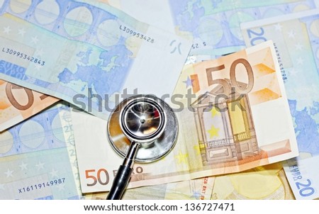 stethoscope doctor leaned on many sick euro currency banknotes