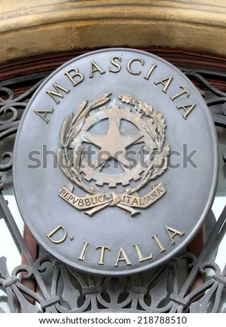 logo of the Italian Embassy on the entry door with the symbol of the Italian Republic