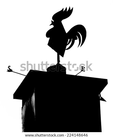 black wind vane in the shape of a rooster with the cardinal points
