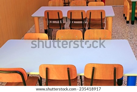 ordered chairs and tables of a refectory in kindergarten