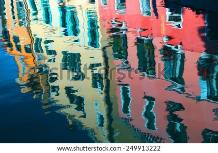 reflection on the water of the colorful houses of Venice in Italy