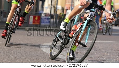 Vicenza, Italy - April 12, 2015: bikers run fast on racing bikes during cycle road race