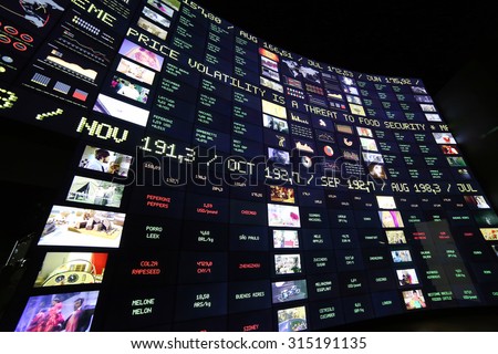 Milan, Italy - 8th September, 2015. Expo Milan 2015 Universal Exposition. Big monitor in the Zero Pavilion. Stock market of food