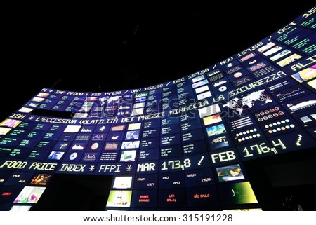 Milan, Italy - 8th September, 2015. Expo Milan 2015 Universal Exposition. Big monitor in the Zero Pavilion. Stock market of food