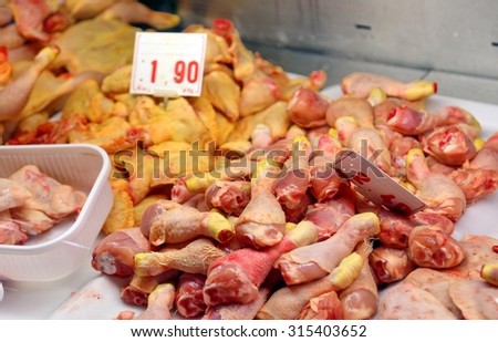 raw chicken thighs for sale in the European market butcher shop