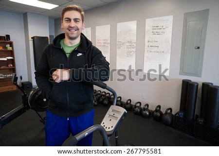 King of Prussia, PA, USA- March 28, 2015: Marshall Roy, Philadelphia Magazine\'s Best Trainer 2014, in his RISE Gym.