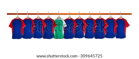 Row of Blue Football Shirts with Green Goalie Shirt - No Numbers