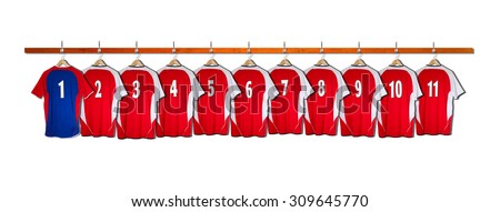 Row of Red Football Shirts with Blue Goalie Shirt 1-11
