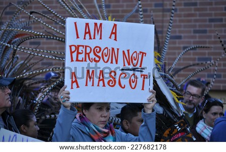 MINNEAPOLIS - NOVEMBER 2: Protesters at the Change the Mascot Rally on November 2, 2014, in Minneapolis.  The protesters believe the name Washington Redskins is offensive to Native Americans.