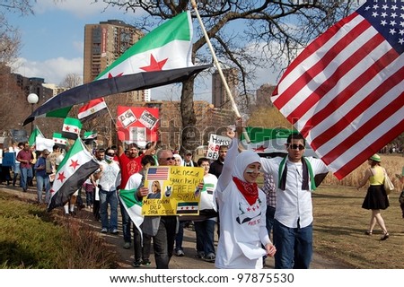 MINNEAPOLIS - MARCH 17:  Unidentified Participants at a global demonstration to mark the first year of the Syrian Revolution, on March 17, 2102 in Minneapolis.