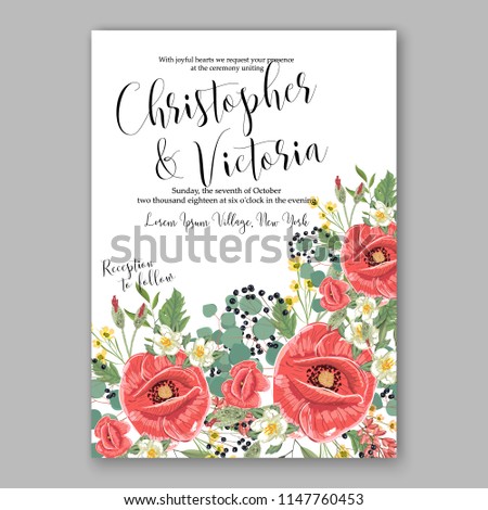 Red poppy rustic country wedding invitation vector template feeld wild floral wreath background