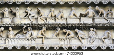 Rising From Death bas relief on Reims cathedral facade, France