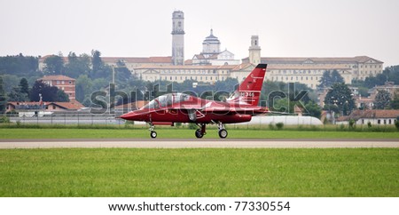 VARESE, ITA - MAY 14 : M-346 Master military advanced jet trainer prepares to take-off at Varese Airshow on May 14, 2011 in Varese, Italy