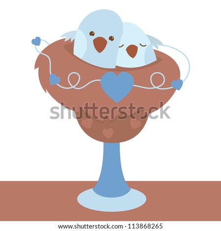 Blue love birds in a podium nest with hearts in a vine