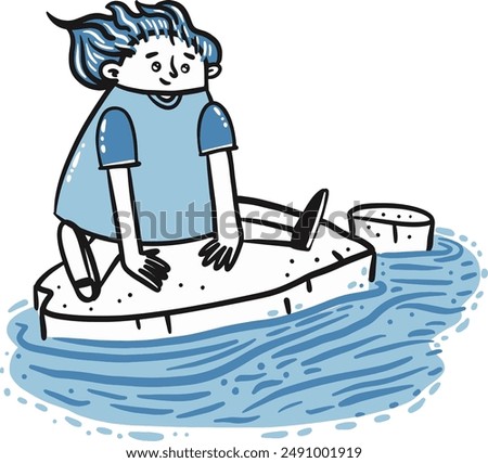 Hand Drawn Blue boy looking into the water