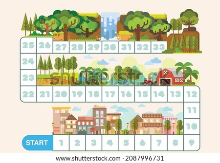 Boardgame with a block path and number on the city, Fun educational, adventure theme maze puzzle for children, Boardgame with hiking children going to the jungle. Family trip activity. Nature outdoor 