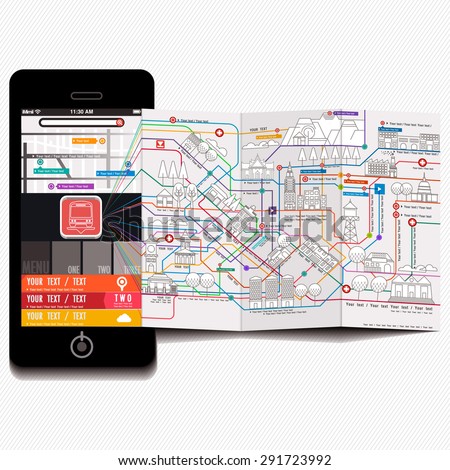 Digital brochure, City transport scheme on mobile application, Public transportation infographic, Vector illustration.