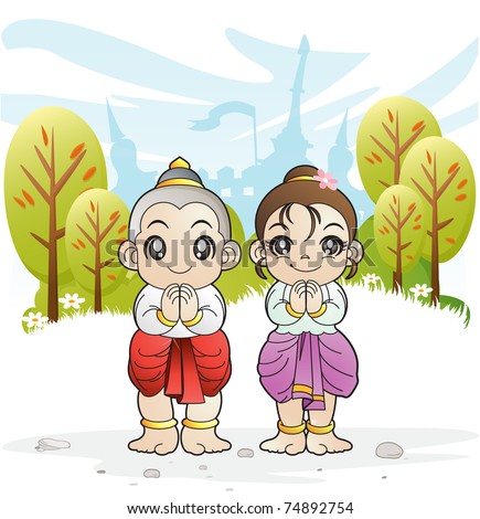 The boy and girl sawasdee,  Sawasdee is Thai culture