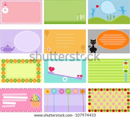 Vector of design elements – blank label, sweet pastel name card, tag with cartoon. A set of cute and colorful card collection isolated on white background