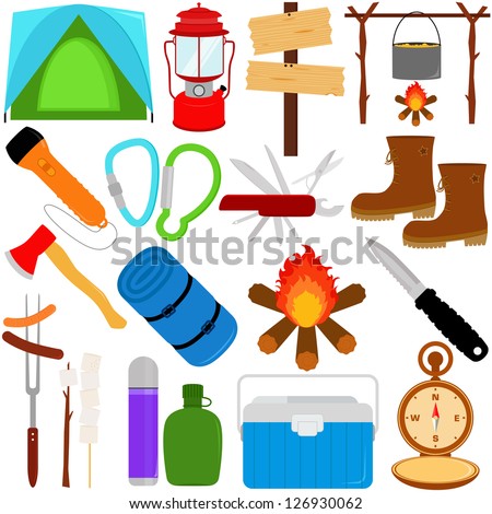 Vector of Outdoor Travel Camping. Tent, storm lantern, sign, flashlight, knife, trekking boots, axe, sleeping bag, fire, thermal. Set of cute and colorful icon collection isolated on white background