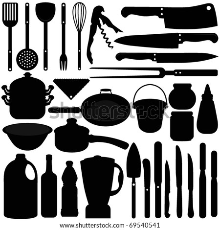 Silhouettes Vector of Baking equipment, cooking tools, spatula, knives, pots. A set of cute icon collection isolated on white background