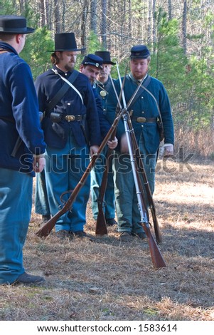 Union Infantry Soldiers Doing Rifle Drill in Civil War Reenactment