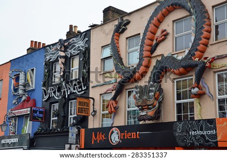 London, UK - May 27: street art in Camden High Street in London, UK, on May 27, 2015. The street is known for its vintage and alternative shops attracting locals and tourists.