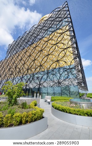 Birmingham, UK - June 16: view of the new library in Birmingham, UK on June 16, 2015. The library is the tenth most popular free tourist attraction in the UK.