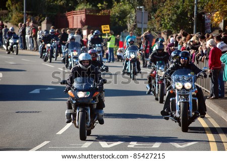 CHEPSTOW, WALES - OCT 17: Hoggin the Bridge Motorbike Rally in Chepstow, Wales, UK October 17, 2010 - an annual event held to raise money for charity with thousands of harley motorbikers