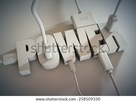 3d Title connected with computer cables and wires. Plugs using power and electricity.