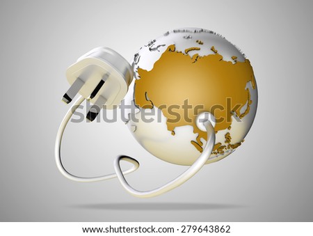 An electricity cable and plug connects to Asia on world map. Concept for how users in Asia, India and China consume and rely on energy and power supply.