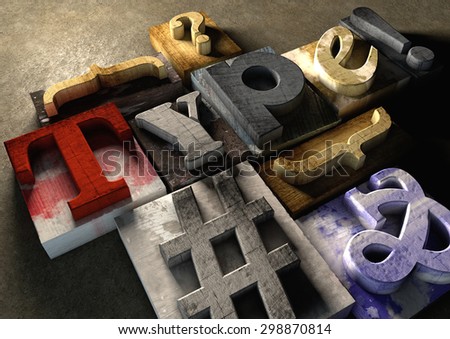 Wooden printing blocks form word 'Type'. Graphic look at type and typography by using the old wooden printing press blocks.