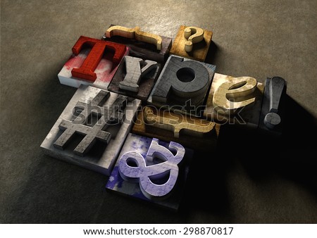 Wooden printing blocks form word 'Type'. Graphic look at type and typography by using the old wooden printing press blocks.