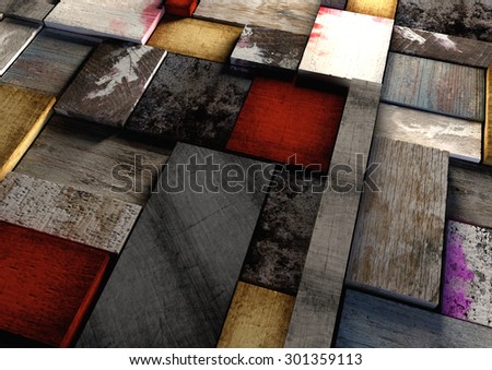 Colorful, grunge textured wooden printing blocks packed together to form a background texture. Shot from straight above. Red, blue and natural wood colors make wooden bricks or block wall.