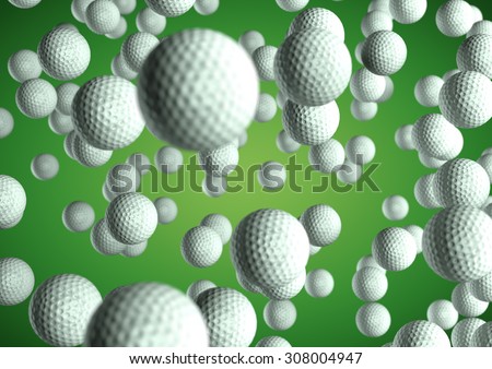 Lots of Golf balls flying through the air on green background. Sports texture, pattern, background