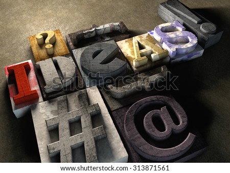 Colorful, grunge textured wooden printing blocks packed together to form the word ideas. Concept for how ideas are pieced together.