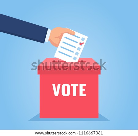 Hand puts vote bulletin into vote box. Election concept. Flat design vector illustration