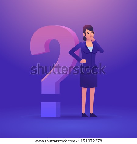 Confused businesswoman standing near big question mark and thinking. Make decision, decide, think concept. Colorful design vector illustration