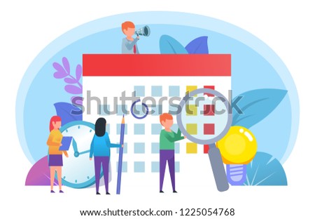 Time management, business planning concept. Small people stand near big calendar. Poster for web page, presentation, social media, banner. Flat design vector illustration