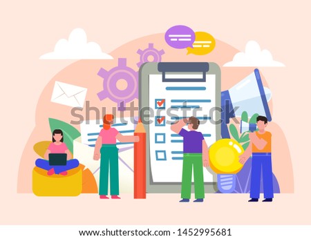 Office work planning, schedule, todo list. People stand near big document, envelope, megaphone. Poster for social media, web page, banner, presentation. Flat design vector illustration