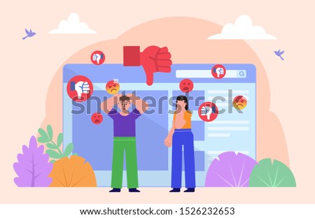 Bullying, trolling or harassment in internet, web. Man and woman stand near web page surrounded by dislikes. Poster for social media, banner, presentation. Flat design vector illustration